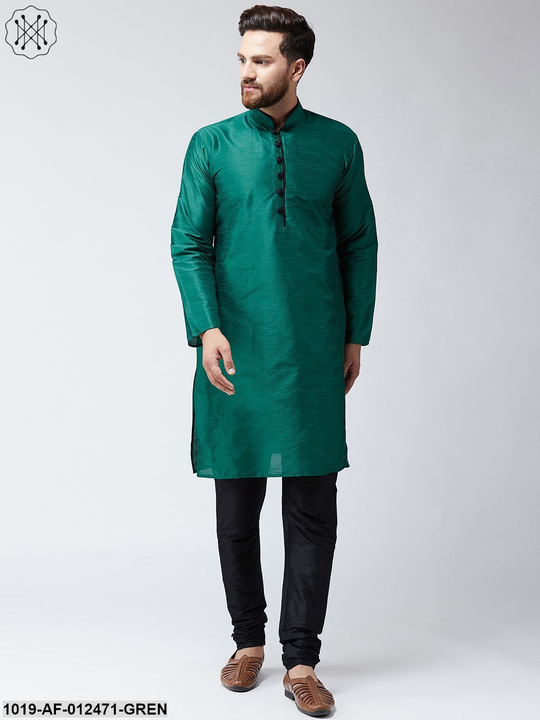 Men's Silk Dark Green Kurta And Black Pyjama Set