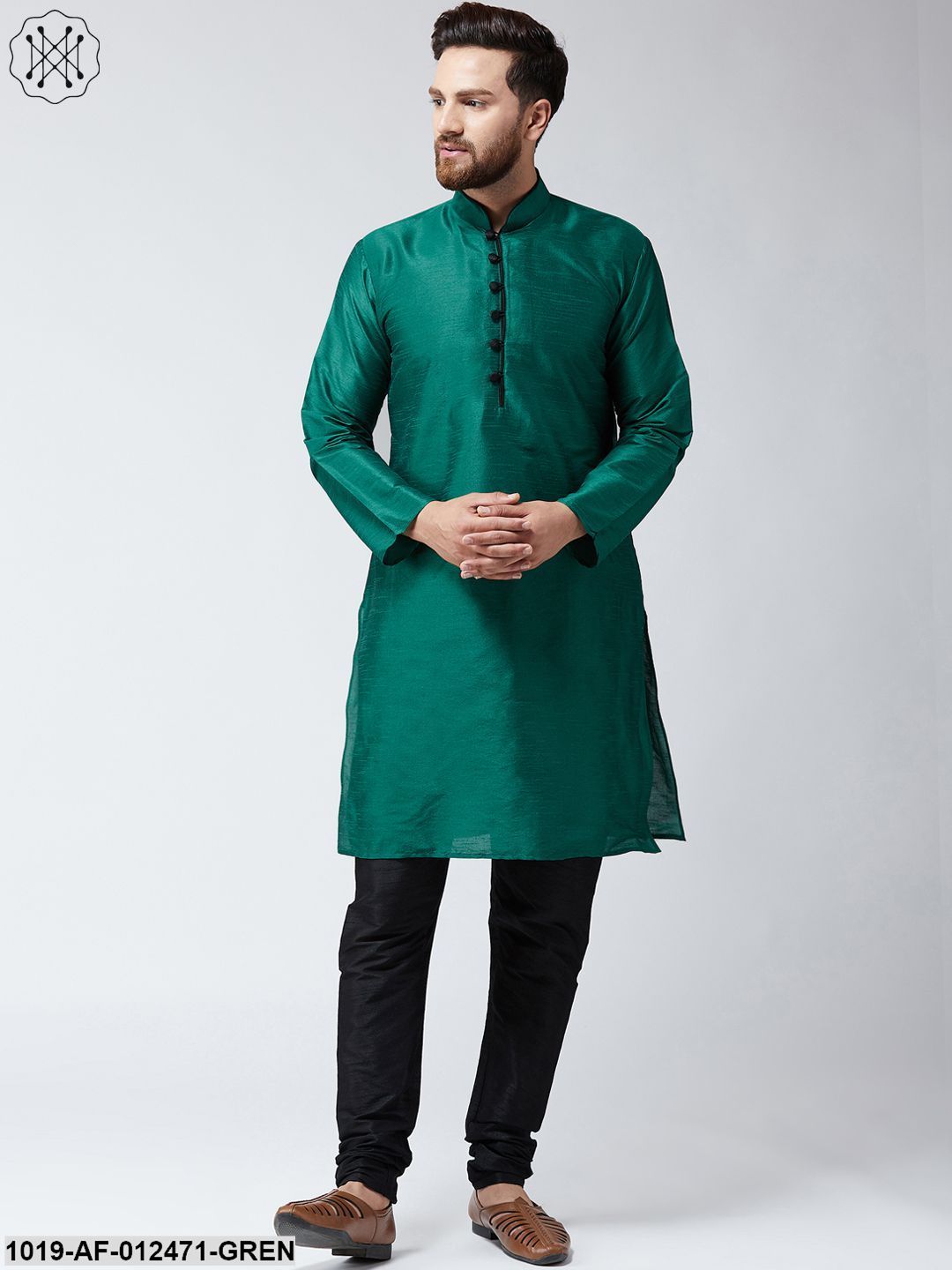 Men's Silk Dark Green Kurta And Black Pyjama Set