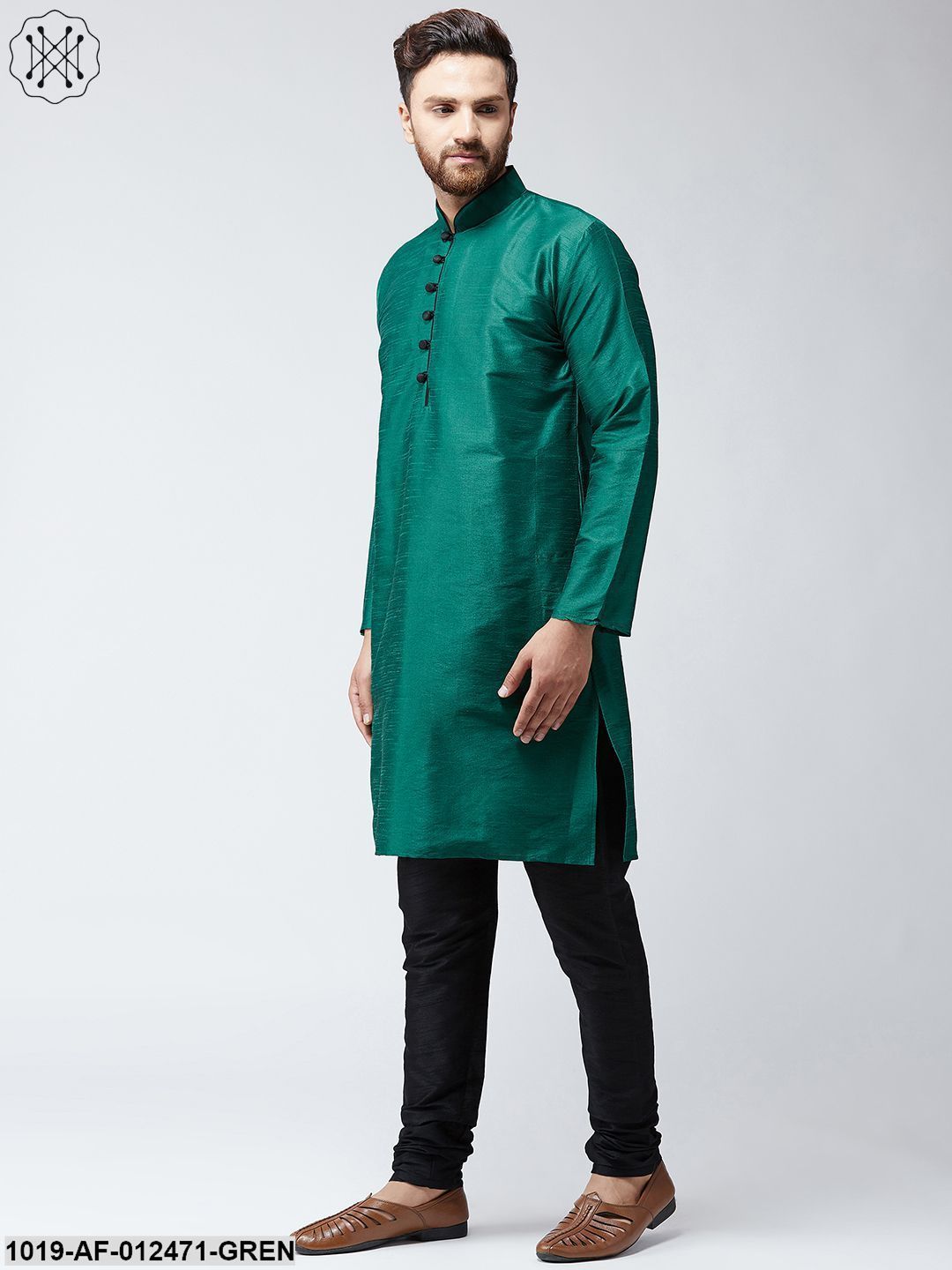 Men's Silk Dark Green Kurta And Black Pyjama Set