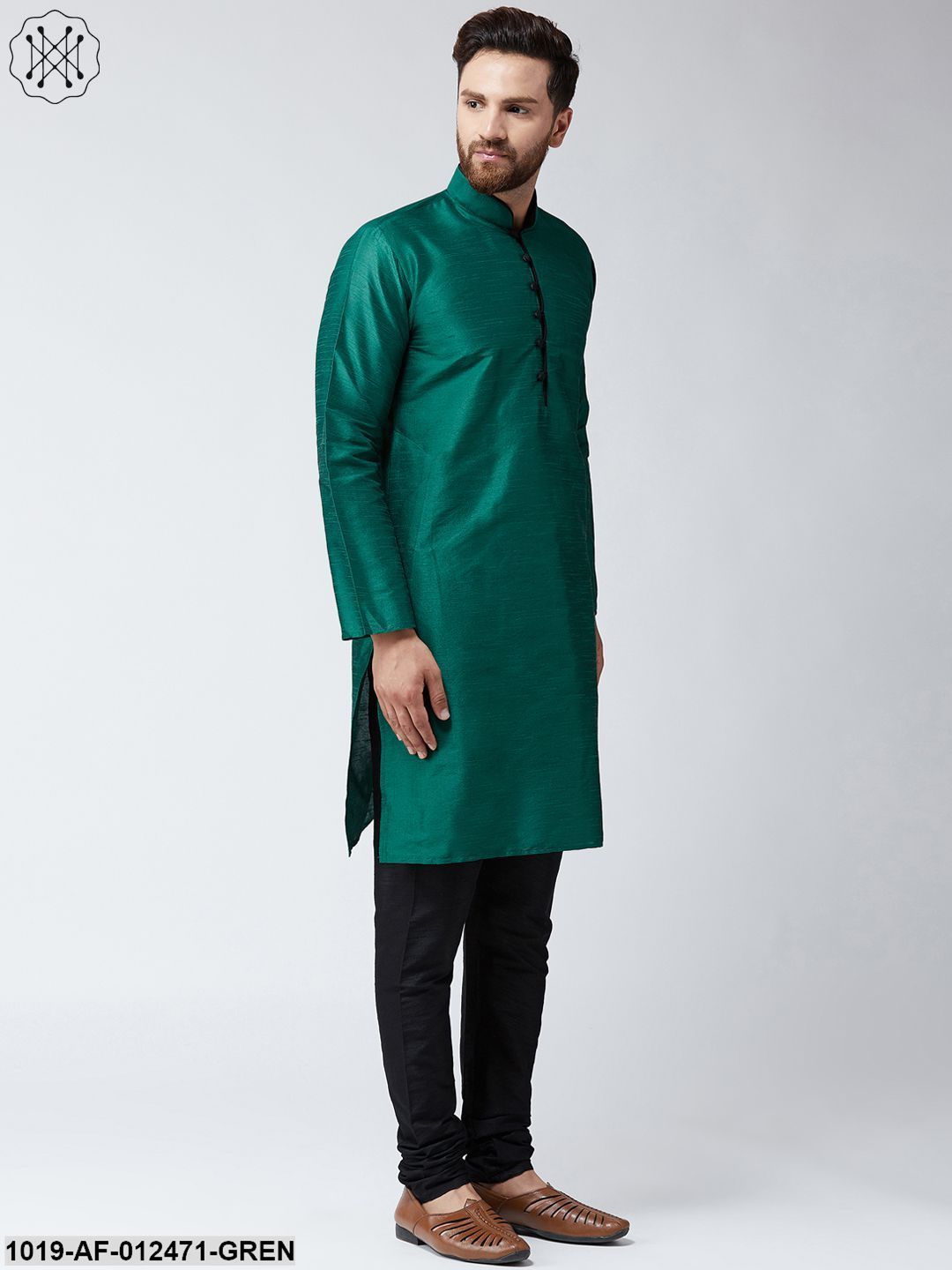 Men's Silk Dark Green Kurta And Black Pyjama Set