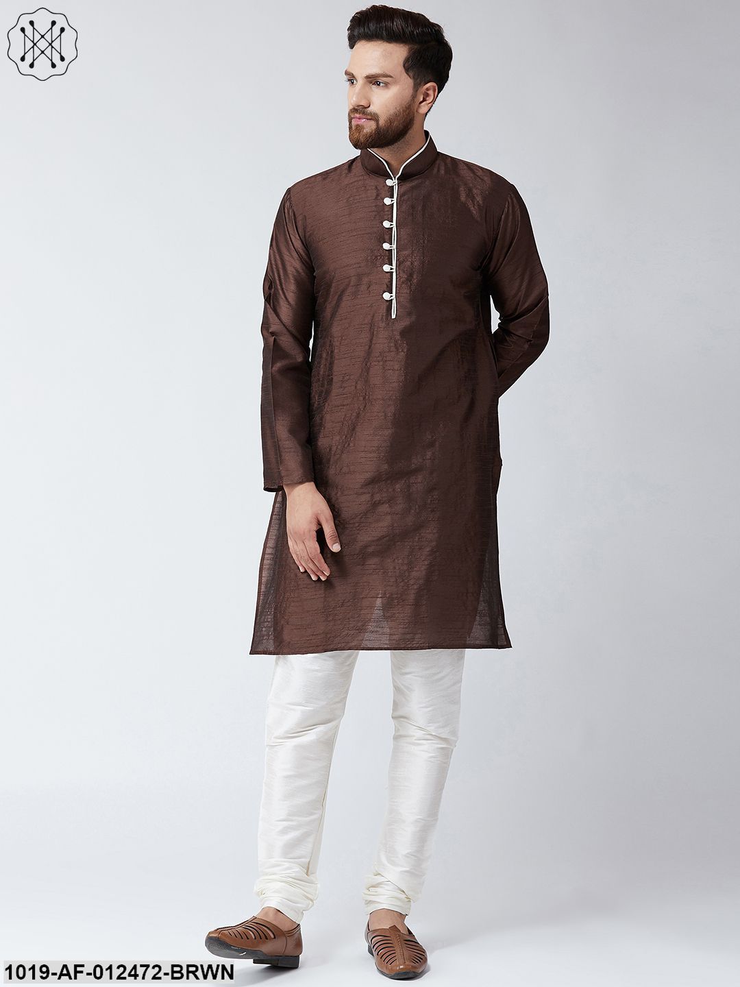 Men's Silk Brown Kurta And Off White Pyjama Set