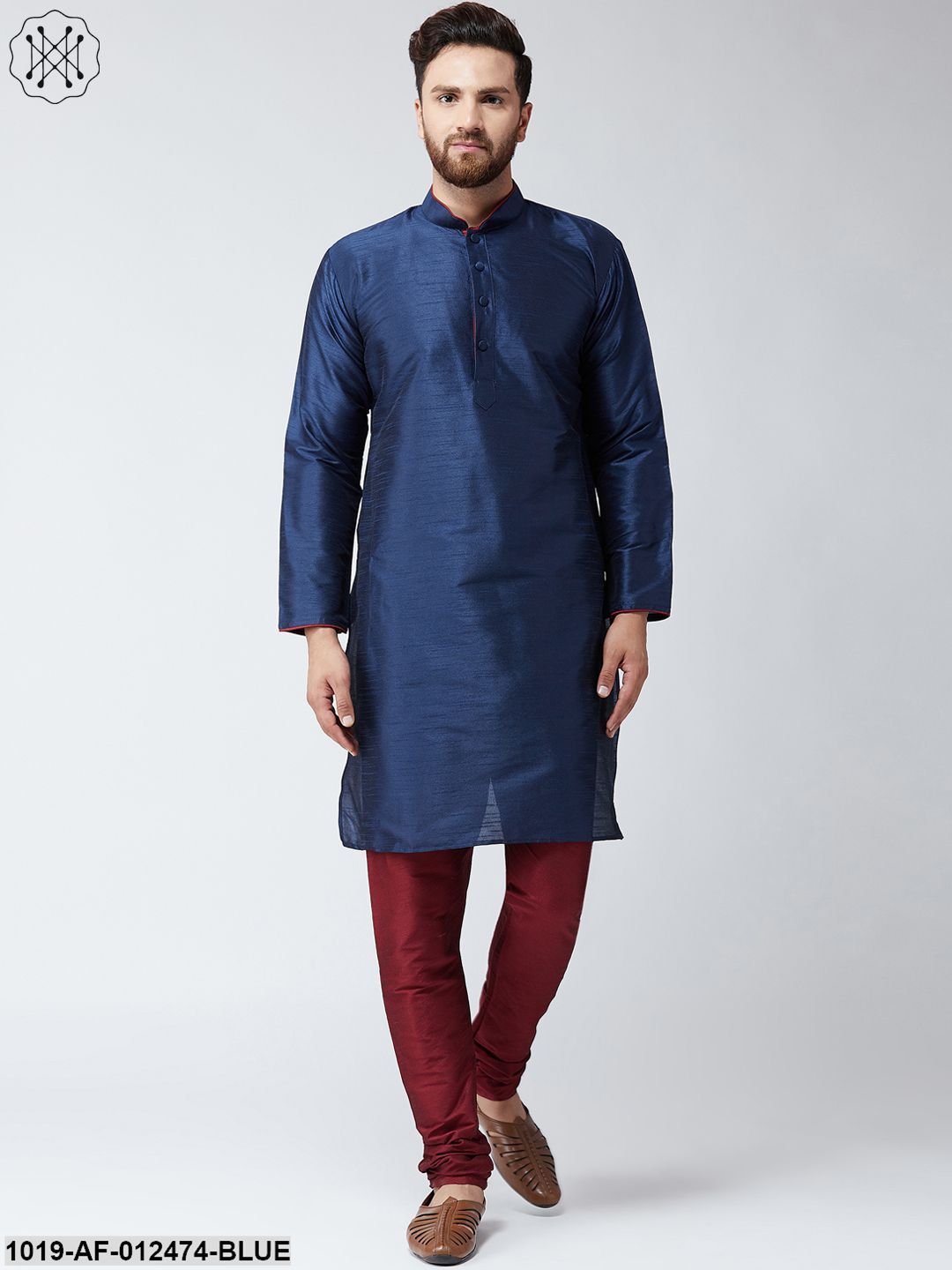 Men's Silk Blue Kurta And Maroon Pyjama Set