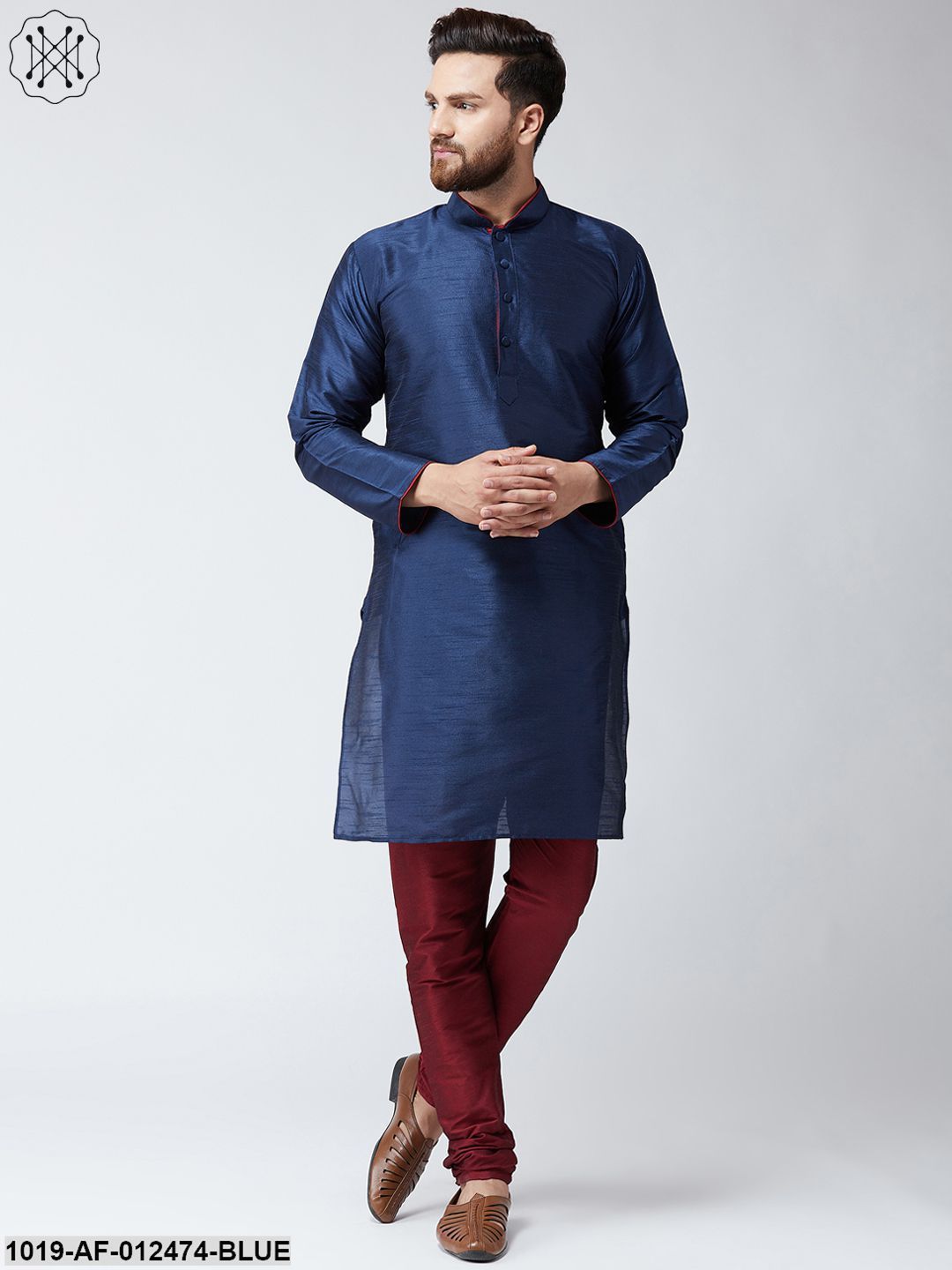 Men's Silk Blue Kurta And Maroon Pyjama Set
