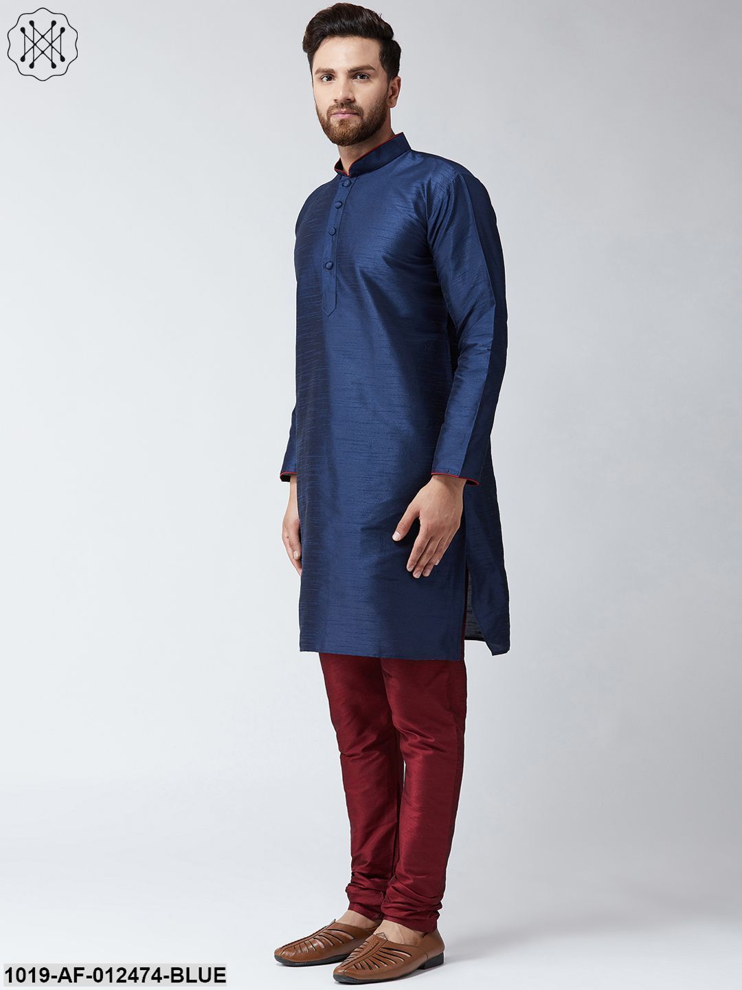 Men's Silk Blue Kurta And Maroon Pyjama Set