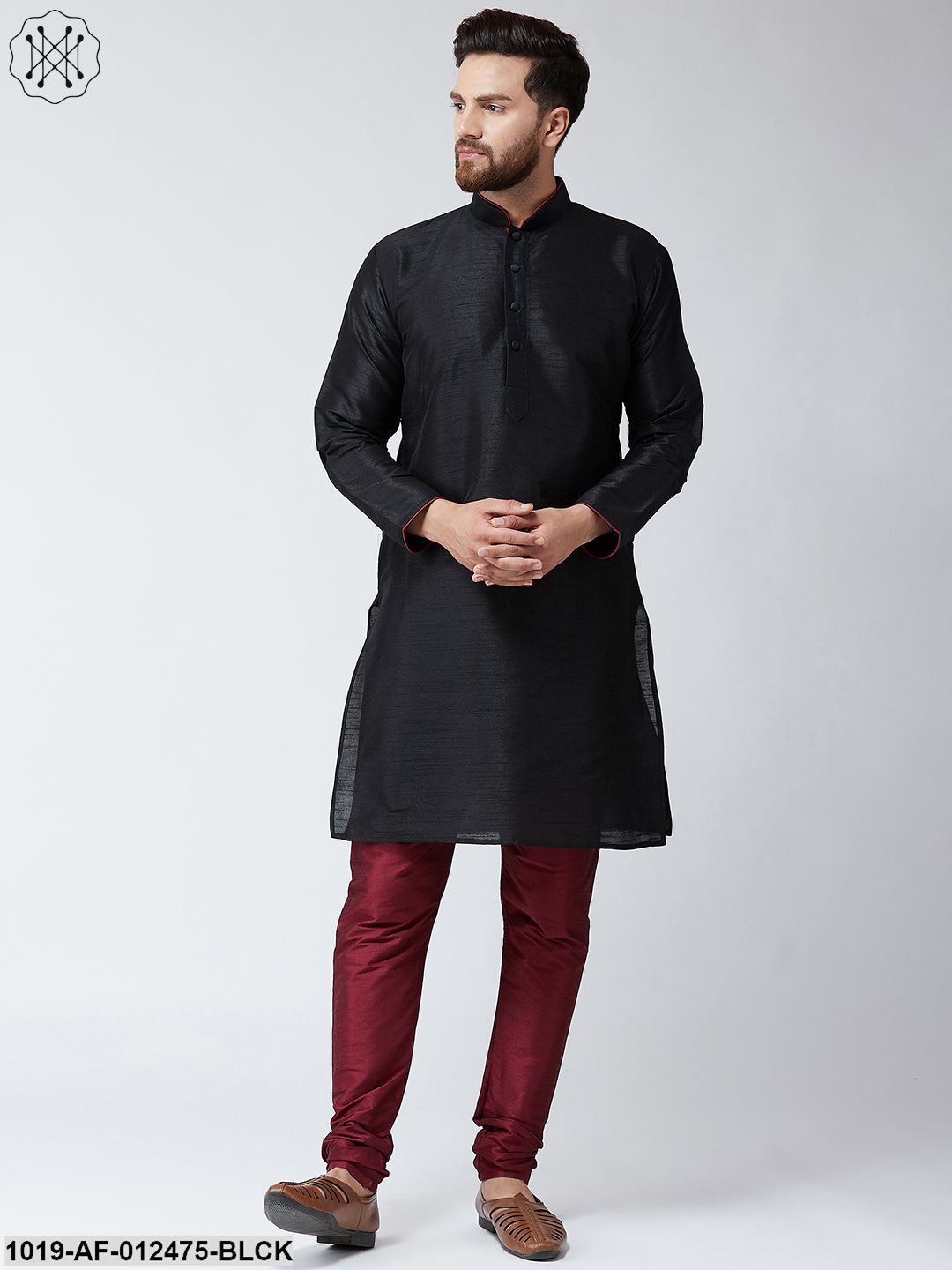 Men's Silk Black Kurta And Maroon Pyjama Set