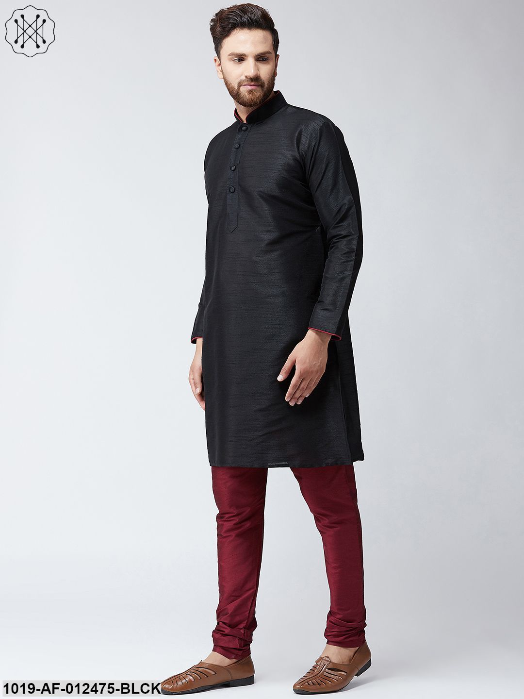 Men's Silk Black Kurta And Maroon Pyjama Set