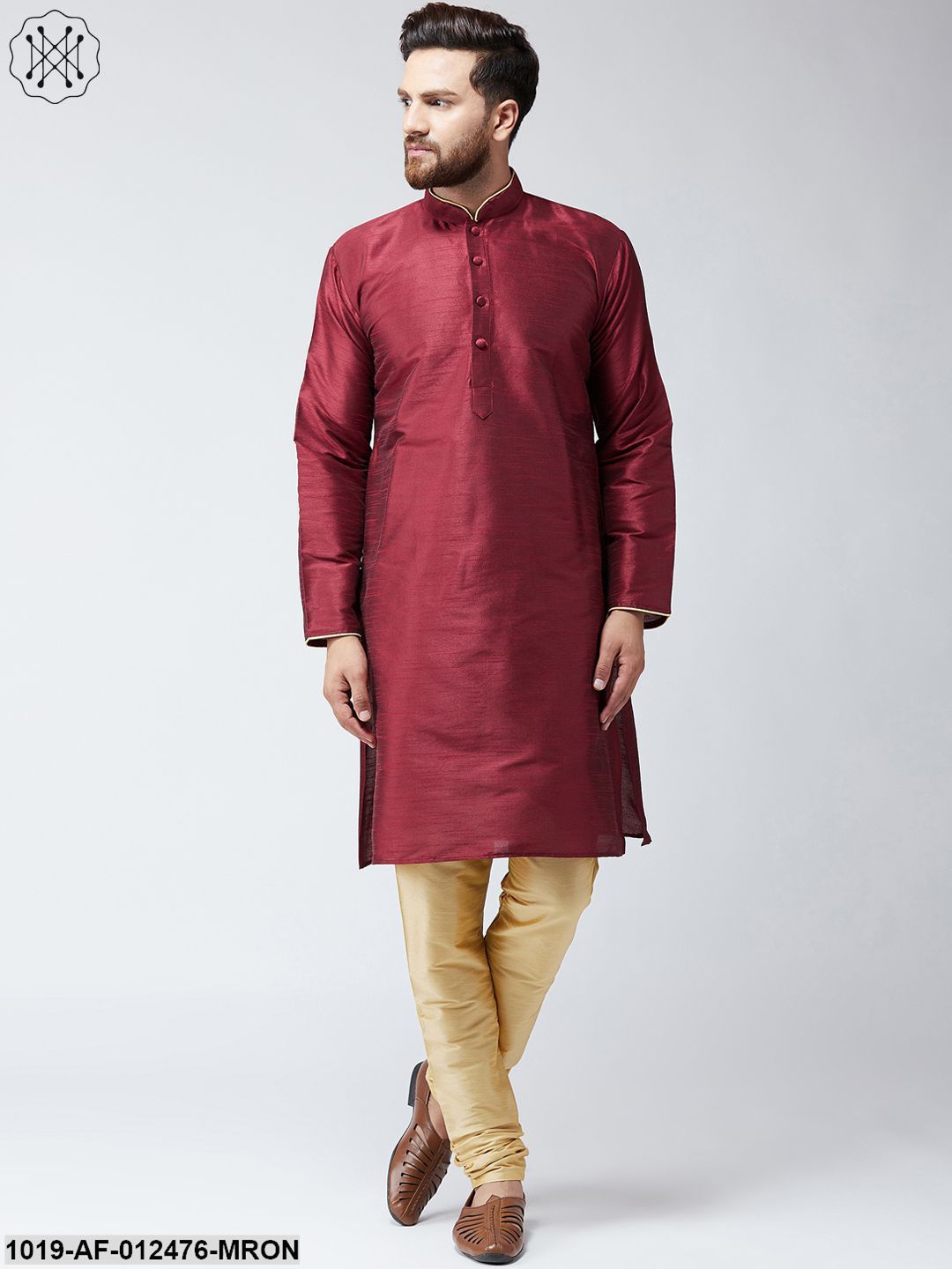Men's Silk Maroon Kurta And Gold Pyjama Set