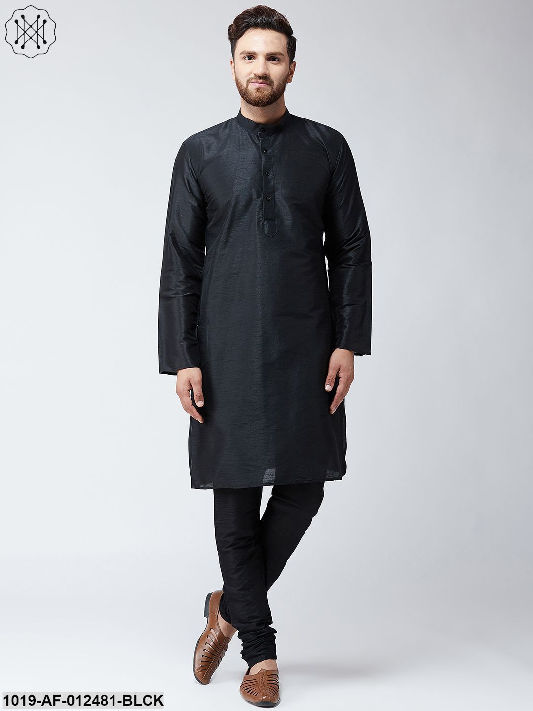 Men's Silk Black Kurta And Black Pyjama Set - Sojanya