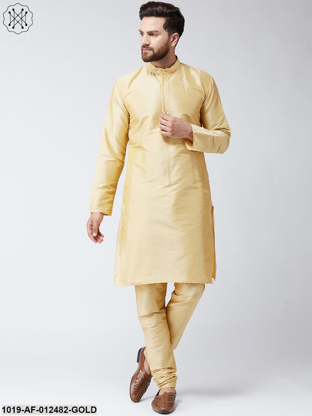 Men's Silk Gold Kurta And Gold Pyjama Set - Sojanya