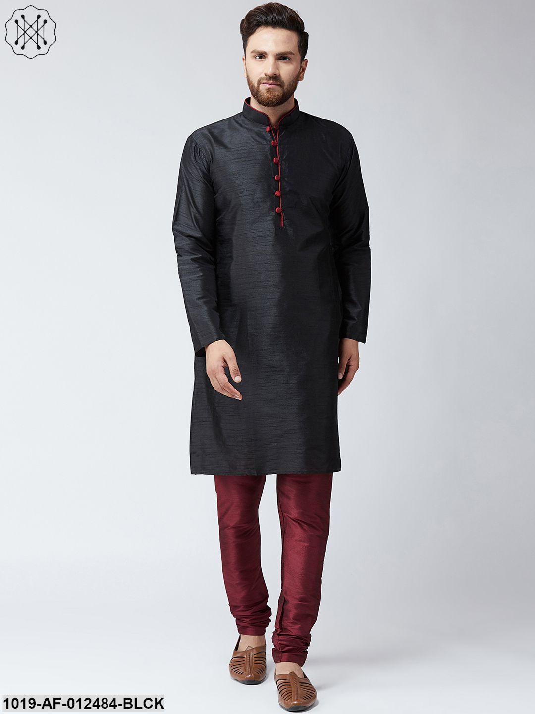 Men's Silk Black Kurta & Maroon Churidar Pyjama Set