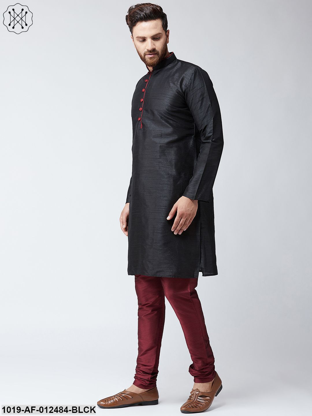 Men's Silk Black Kurta & Maroon Churidar Pyjama Set