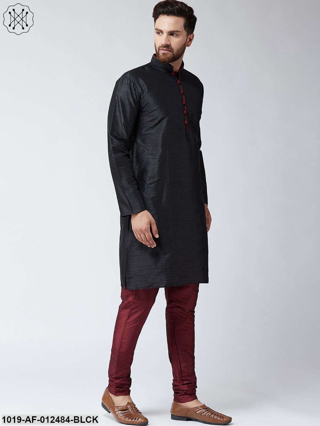 Men's Silk Black Kurta & Maroon Churidar Pyjama Set