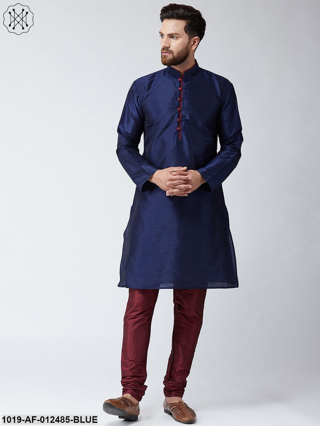 Men's Silk Navy Blue Kurta & Maroon Churidar Pyjama Set