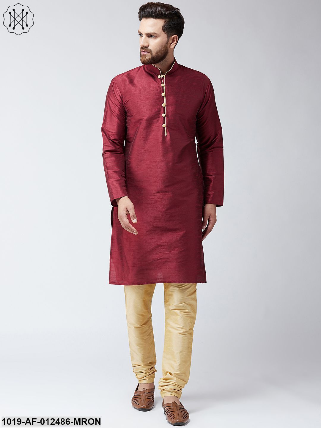 Men's Silk Maroon Kurta And Gold Churidar Pyjama Set