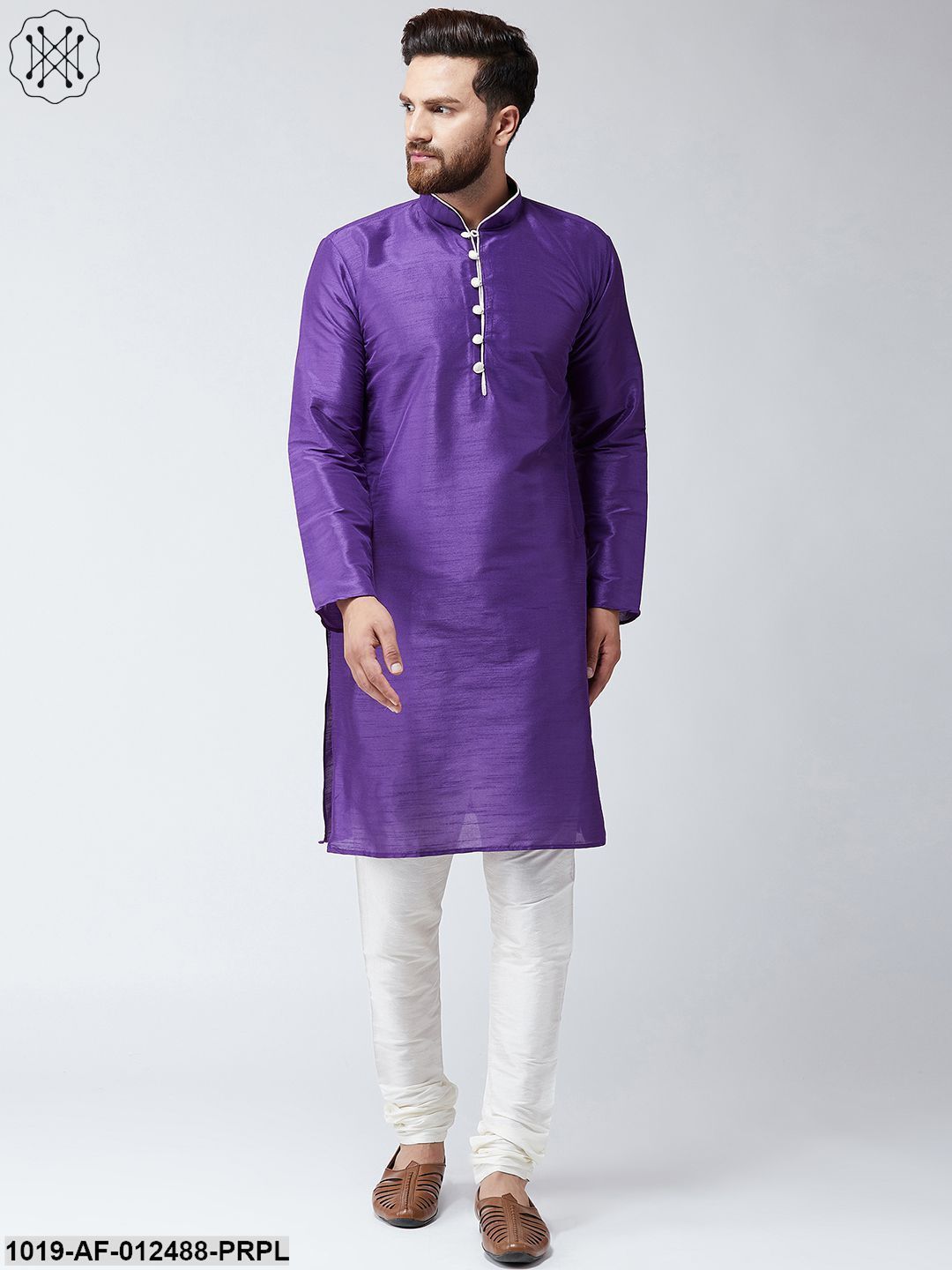 Men's Silk Purple Kurta & Off White Churidar Pyjama Set