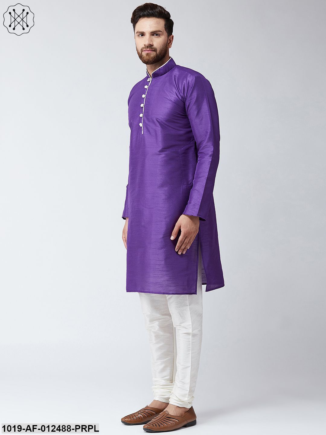 Men's Silk Purple Kurta & Off White Churidar Pyjama Set