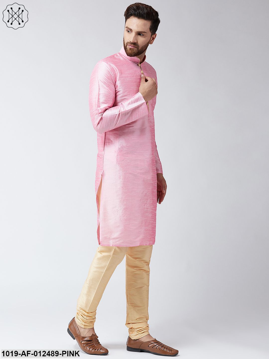 Men's Silk Pink Kurta & Gold Churidar Pyjama Set