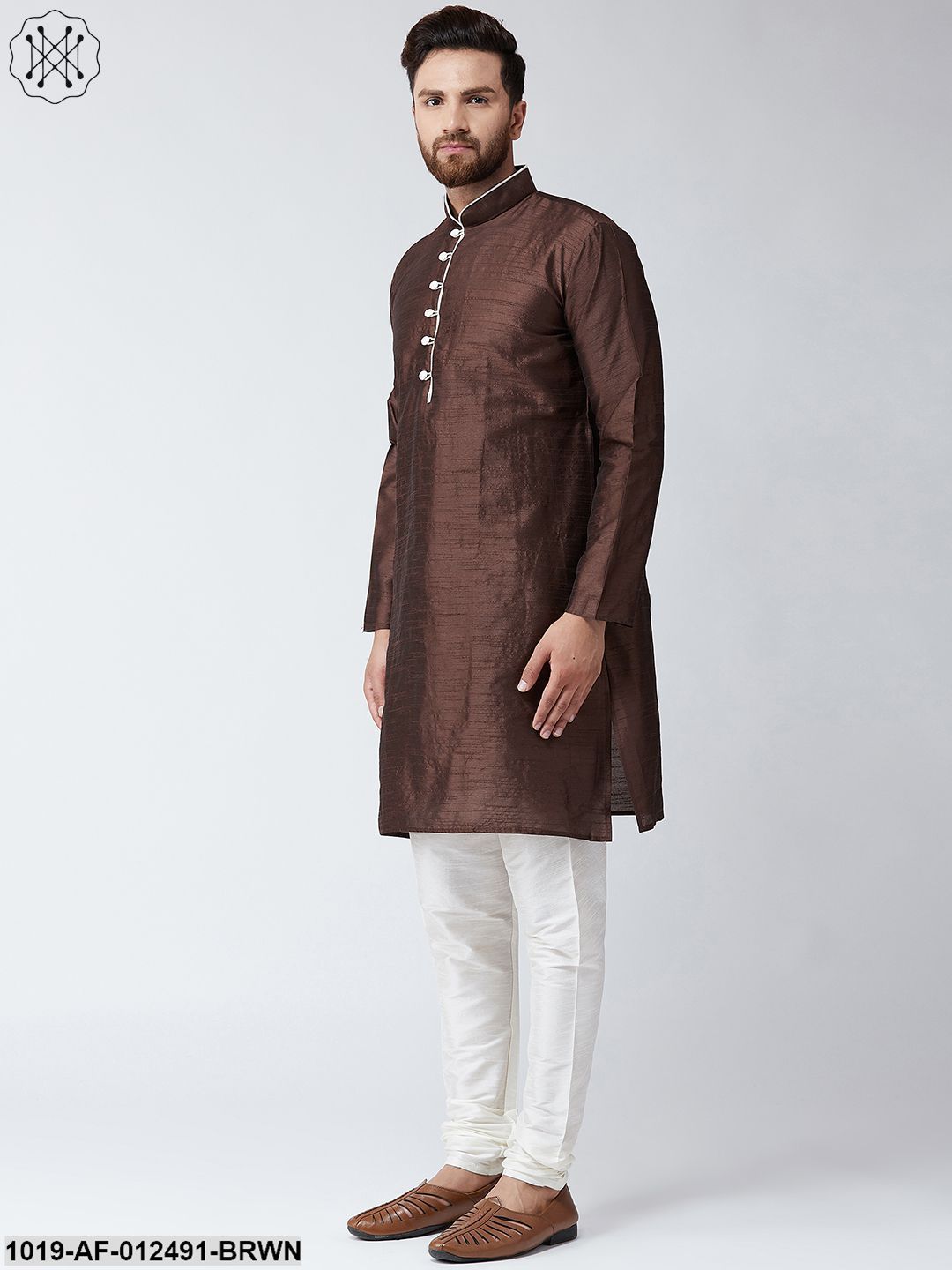 Men's Silk Brown Kurta & Off White Churidar Pyjama Set