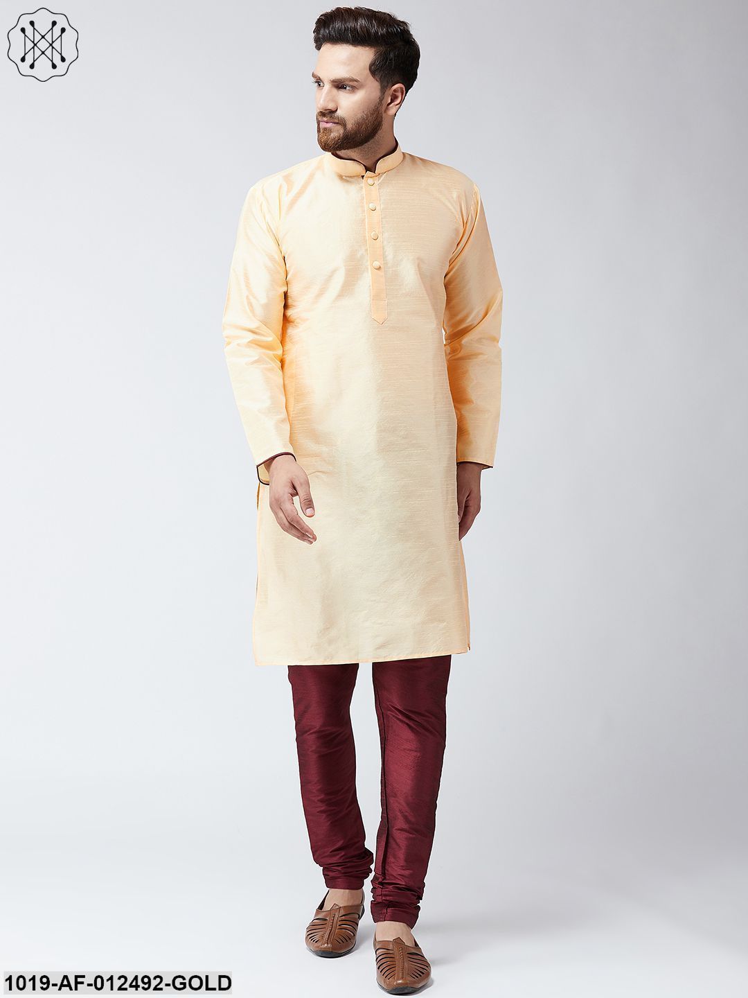Men's Silk Gold Kurta & Maroon Churidar Pyjama Set