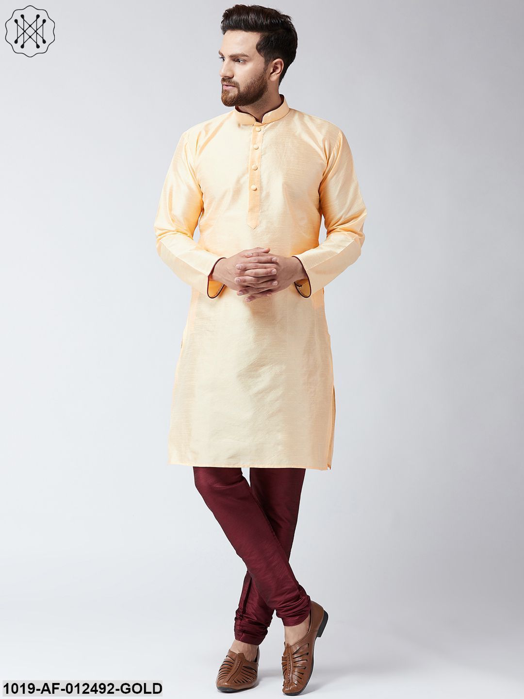 Men's Silk Gold Kurta & Maroon Churidar Pyjama Set