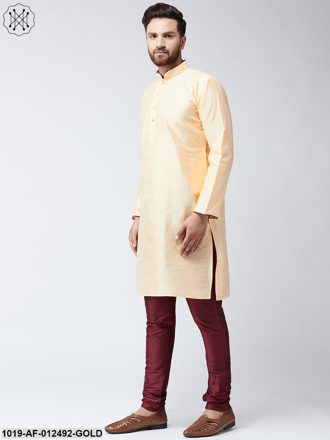Men's Silk Gold Kurta & Maroon Churidar Pyjama Set