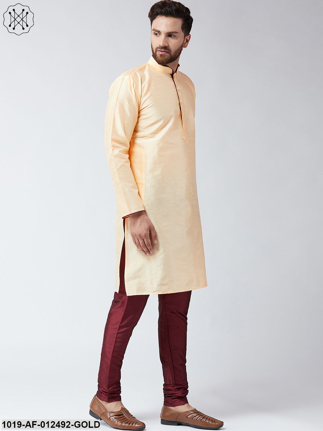 Men's Silk Gold Kurta & Maroon Churidar Pyjama Set