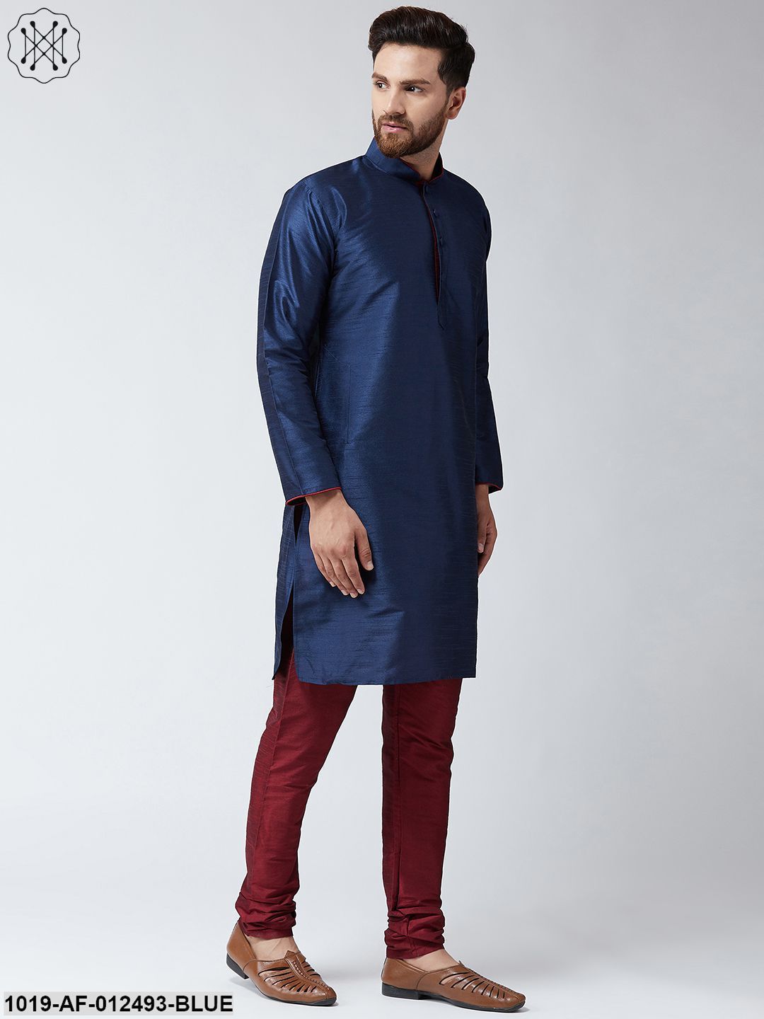 Men's Silk Navy Blue Kurta & Maroon Churidar Pyjama Set