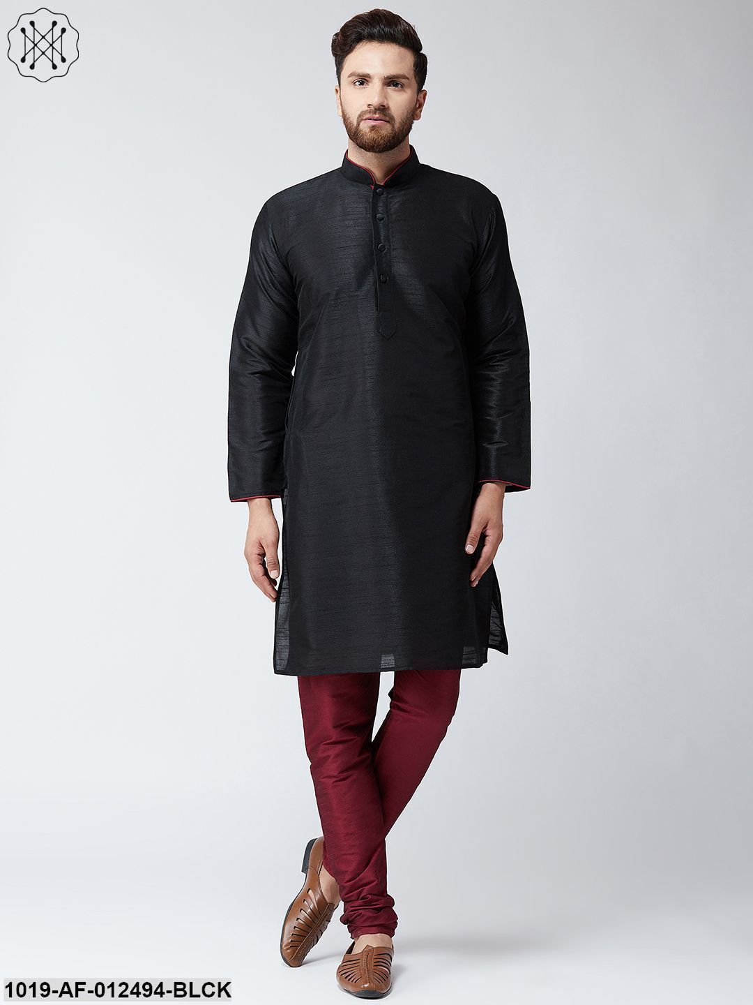 Men's Silk Black Kurta & Maroon Churidar Pyjama Set