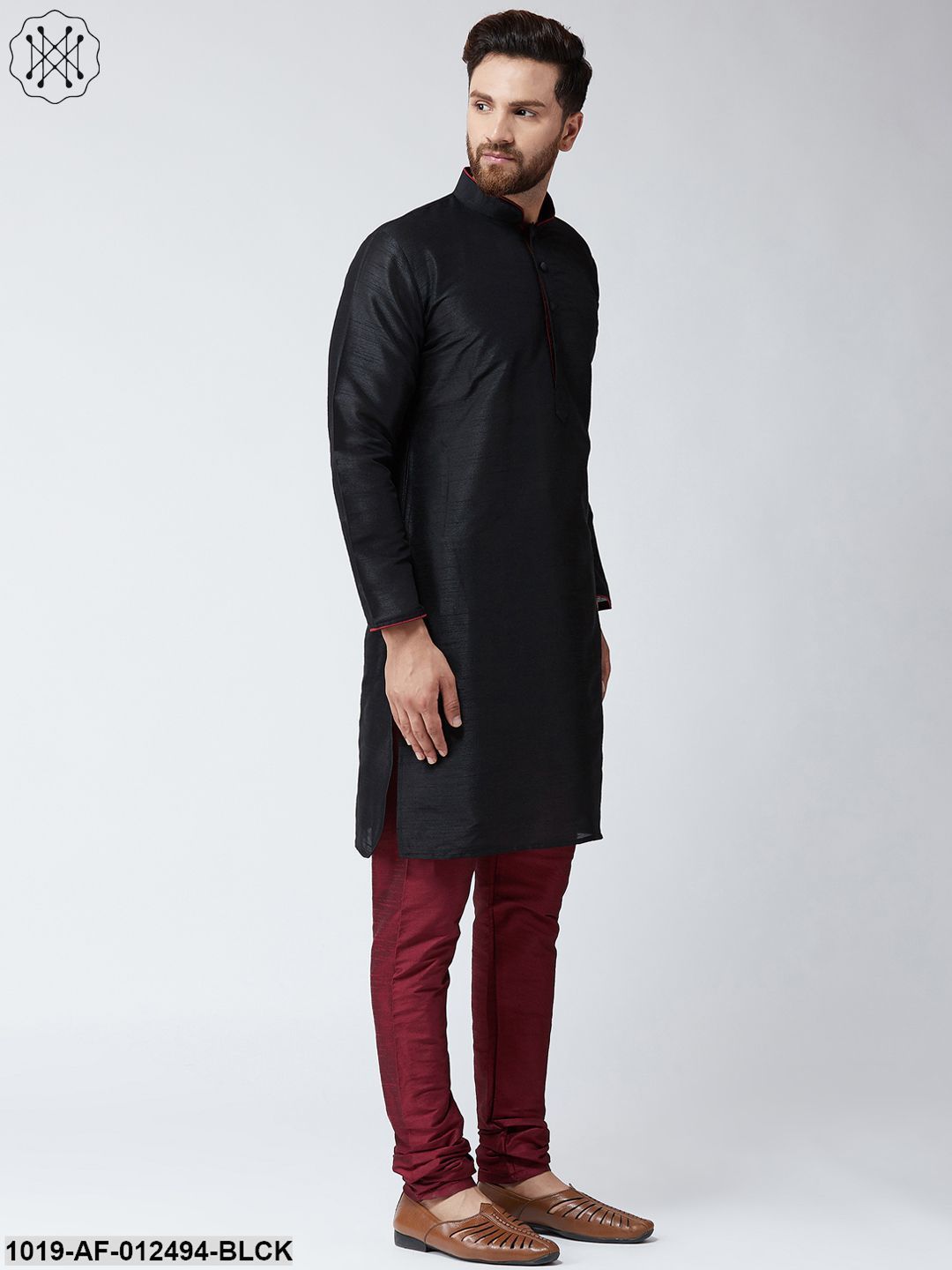Men's Silk Black Kurta & Maroon Churidar Pyjama Set