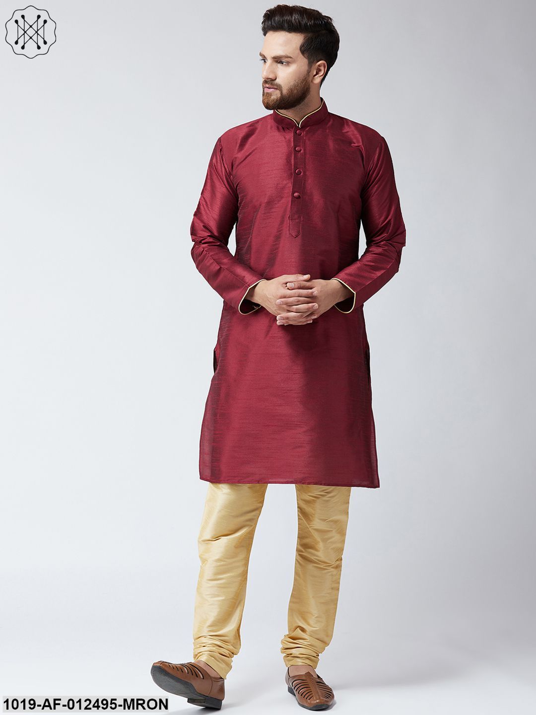 Men's Silk Maroon Kurta & Gold Churidar Pyjama Set
