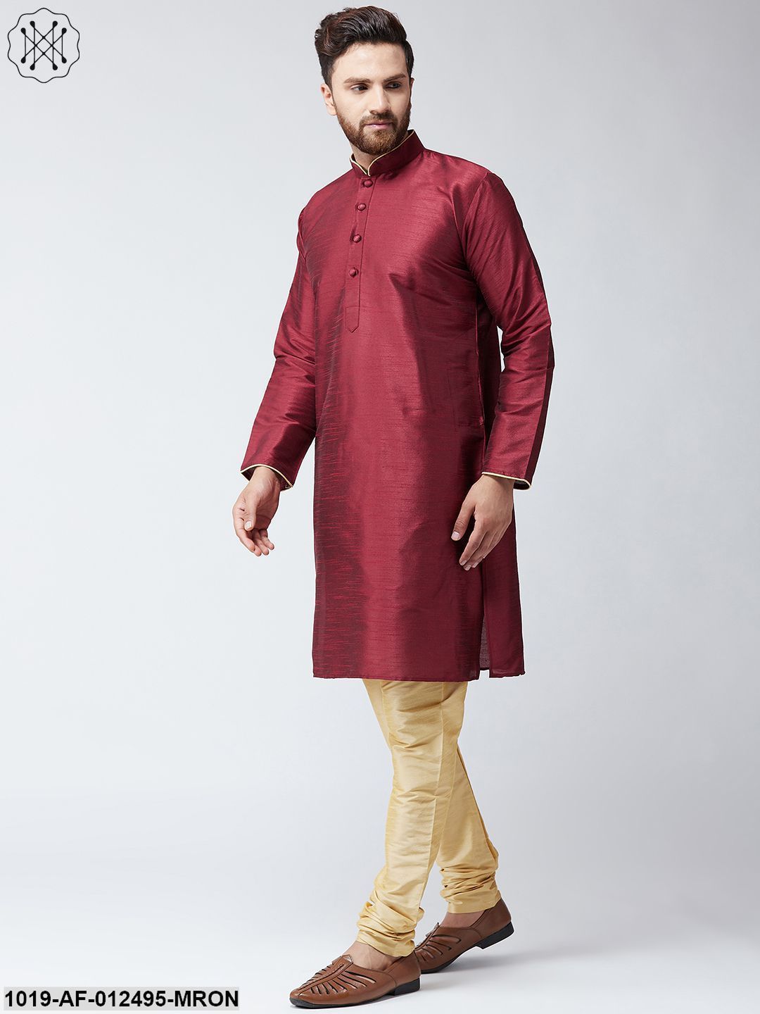 Men's Silk Maroon Kurta & Gold Churidar Pyjama Set