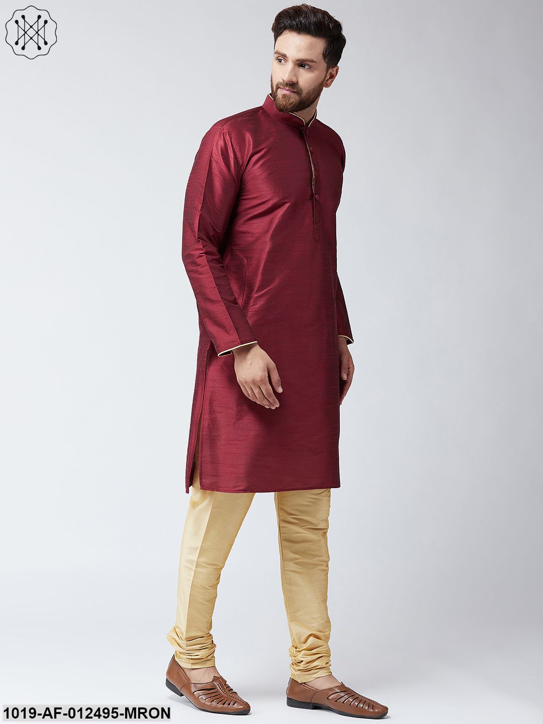 Men's Silk Maroon Kurta & Gold Churidar Pyjama Set