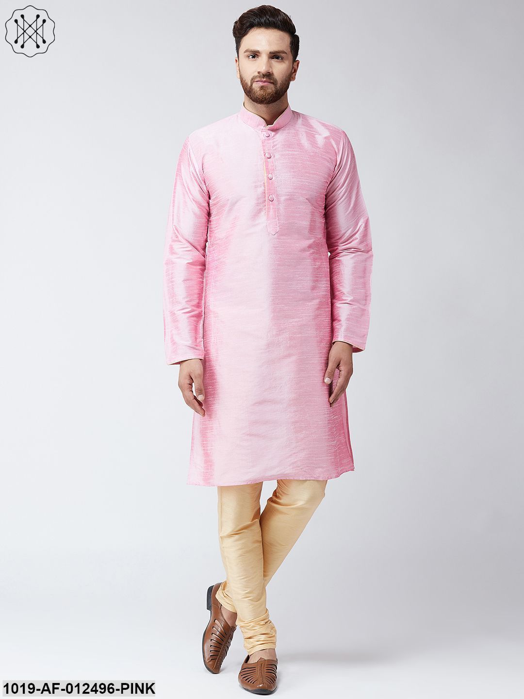 Men's Silk Pink Kurta & Gold Churidar Pyjama Set