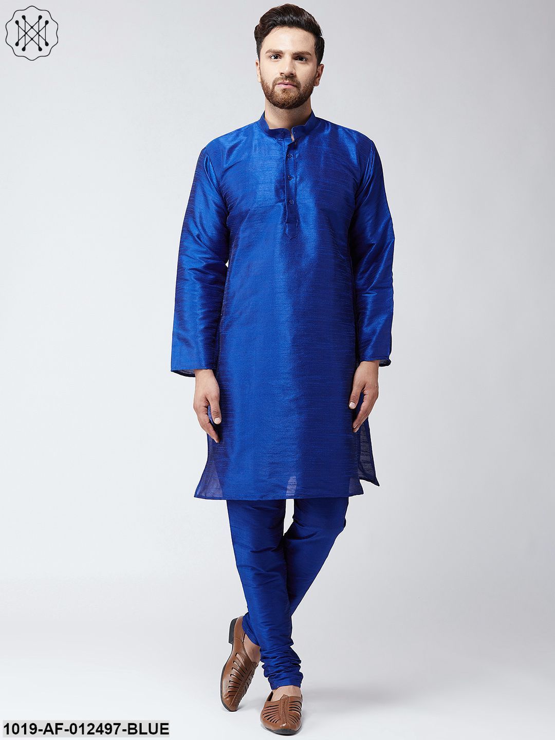 Men's Silk Roy Blue Kurta With Churidar Pyjama Set - Sojanya
