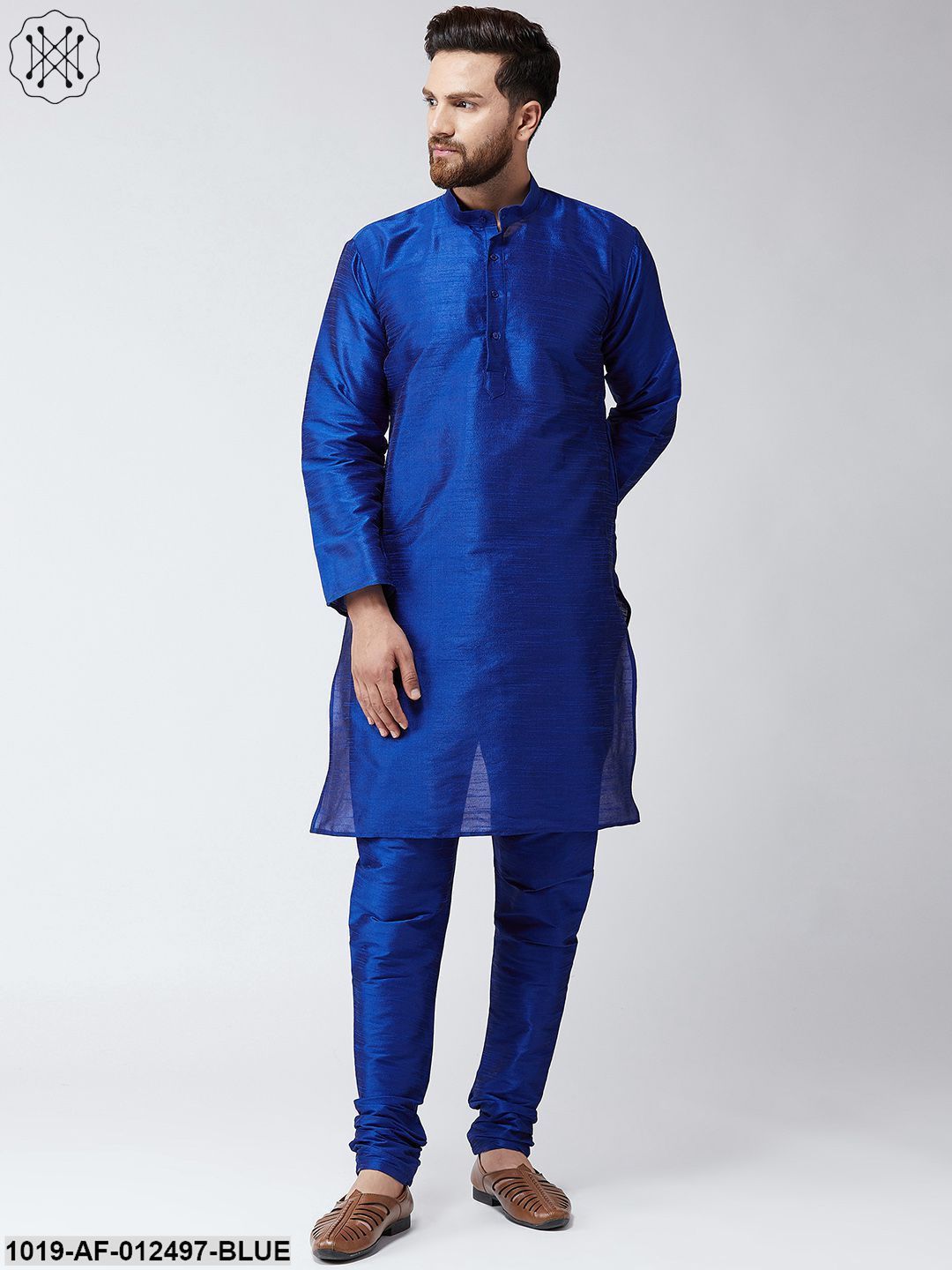 Men's Silk Roy Blue Kurta With Churidar Pyjama Set - Sojanya