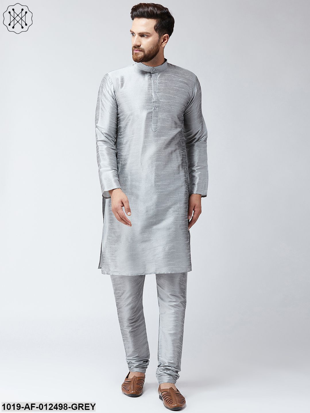 Men's Silk Grey Kurta With Churidar Pyjama Set - Sojanya