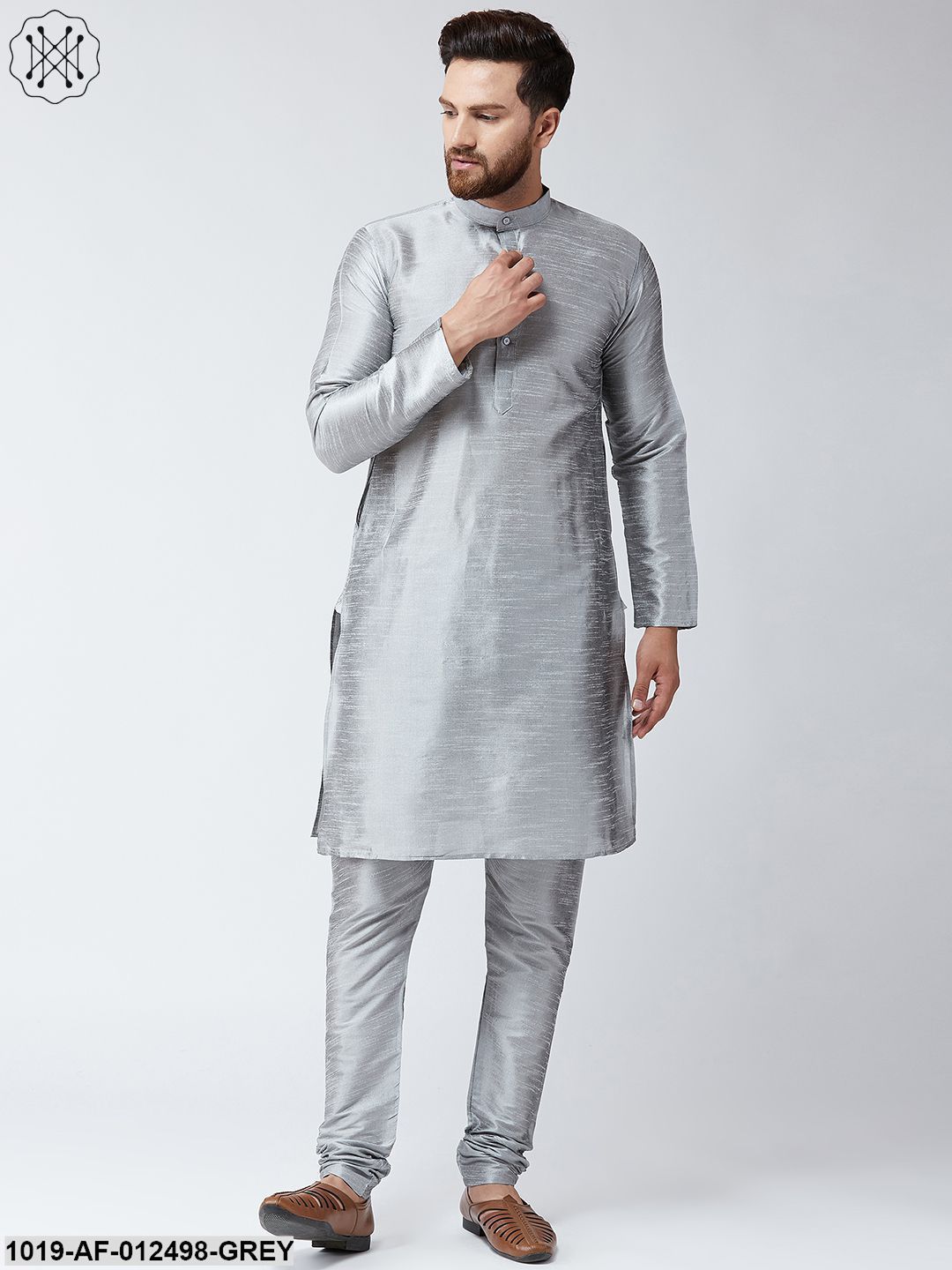 Men's Silk Grey Kurta With Churidar Pyjama Set - Sojanya