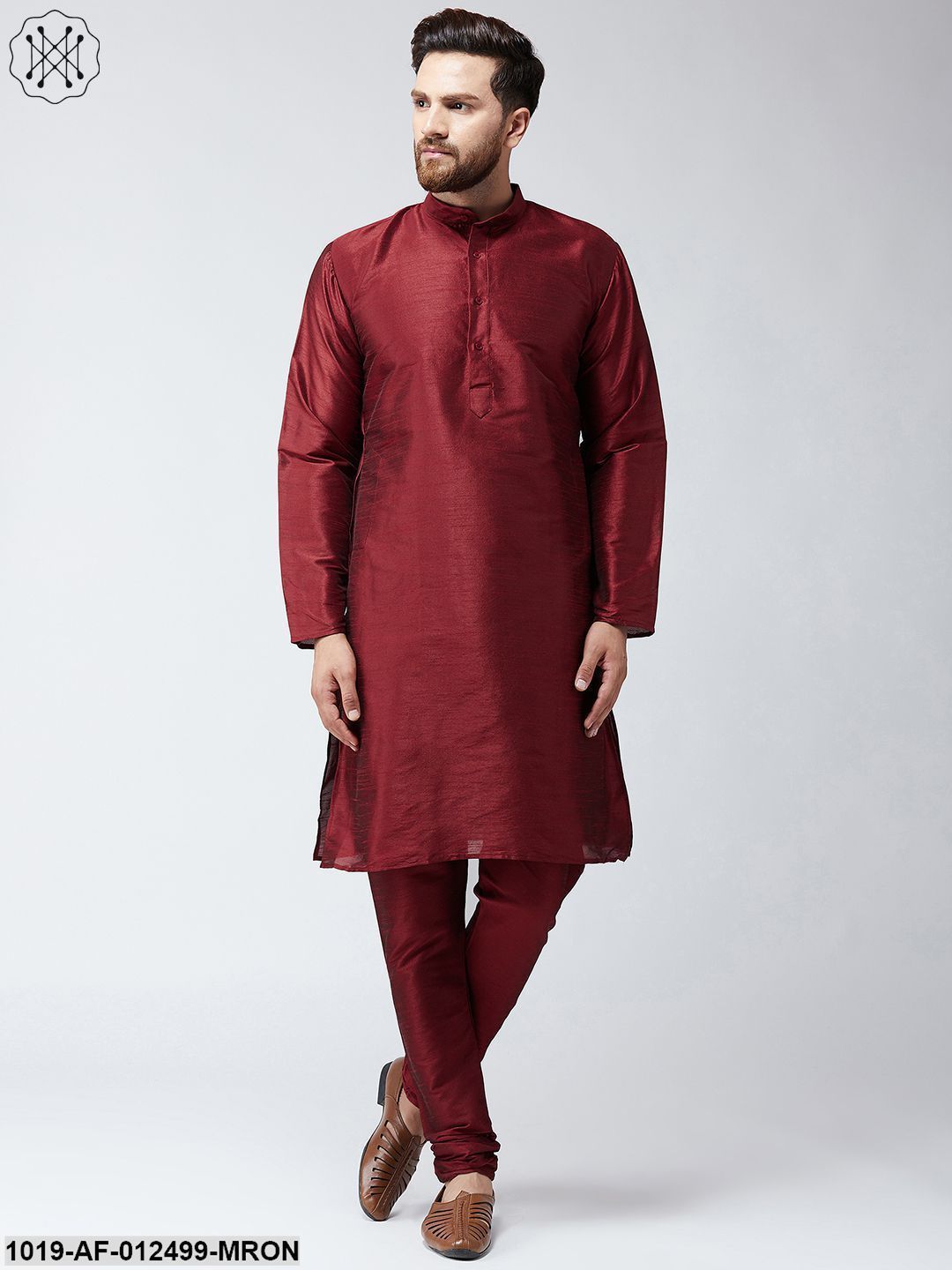 Men's Silk Maroon Kurta With Churidar Pyjama Set - Sojanya