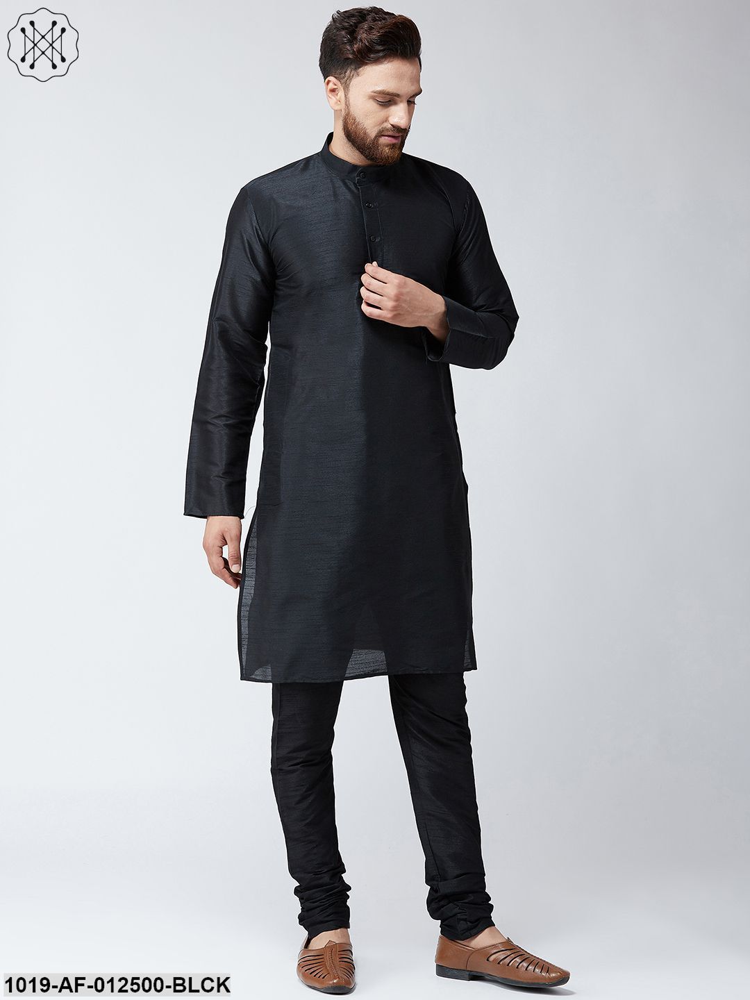 Men's Silk Black Kurta With Churidar Pyjama Set - Sojanya