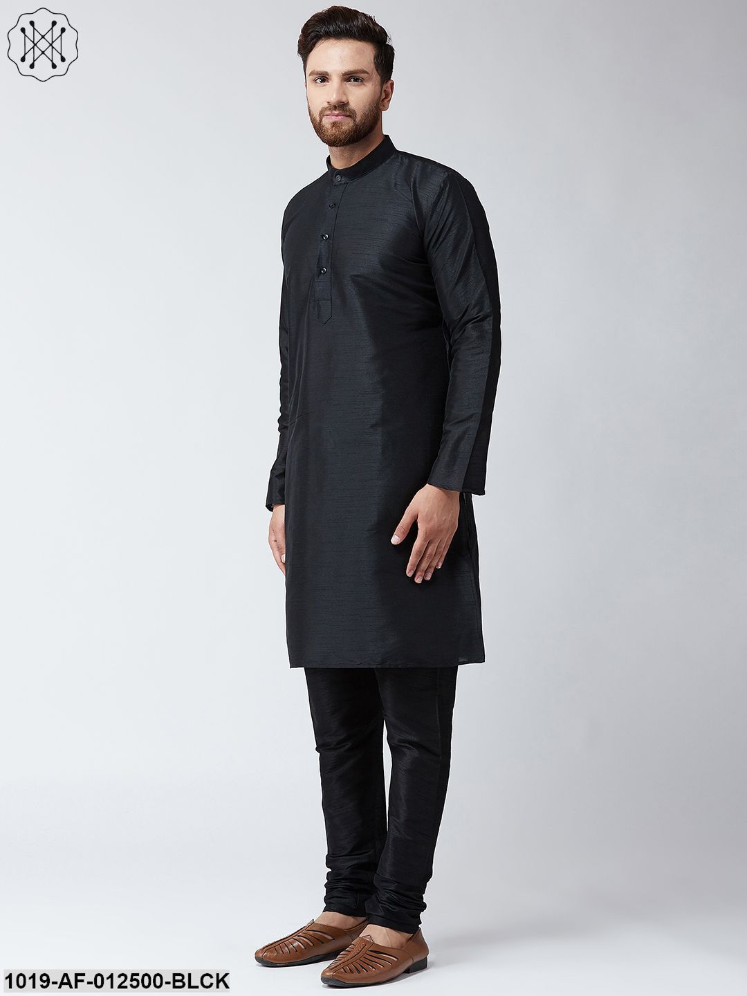 Men's Silk Black Kurta With Churidar Pyjama Set - Sojanya