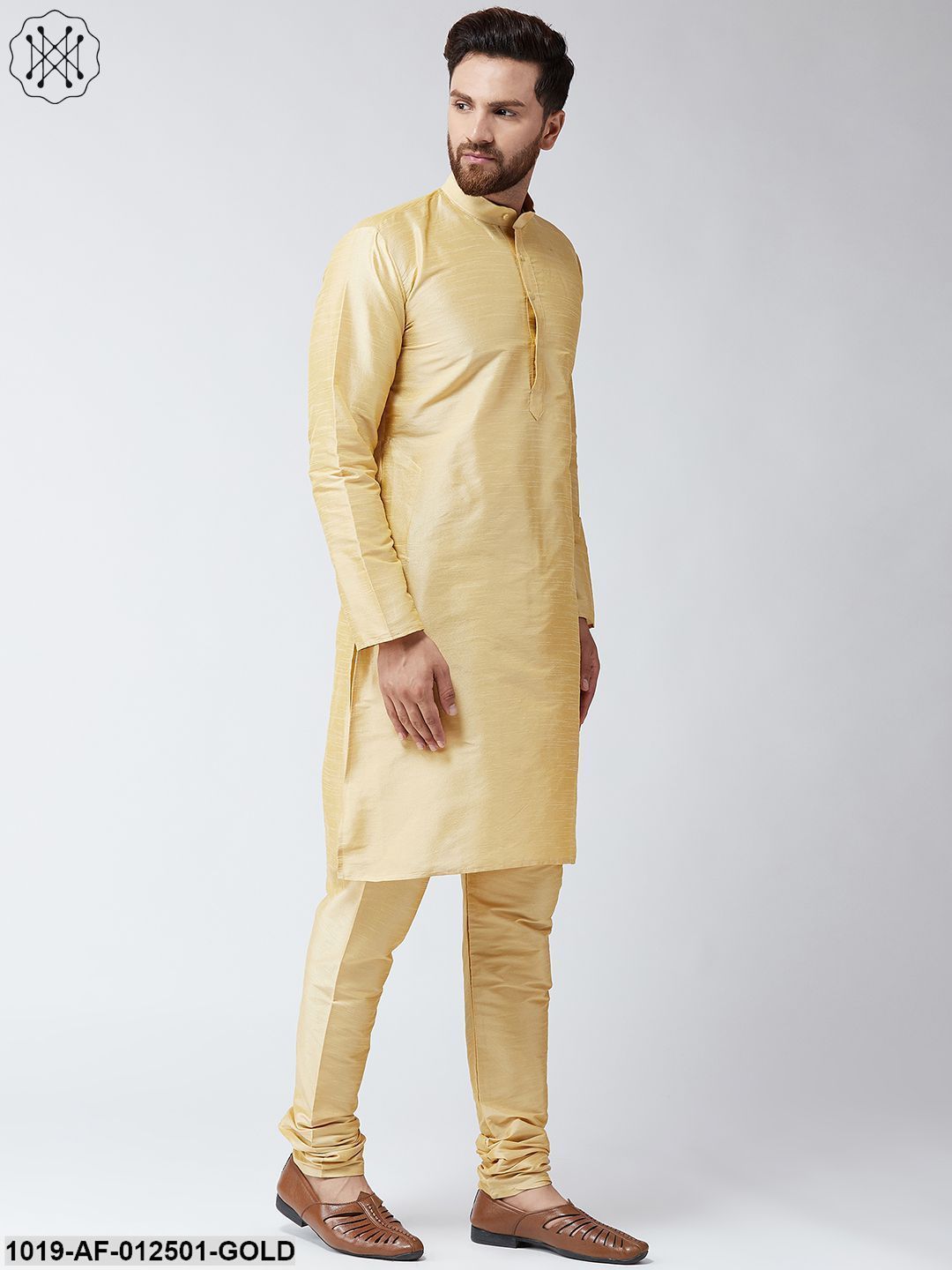 Men's Silk Gold Kurta With Churidar Pyjama Set - Sojanya