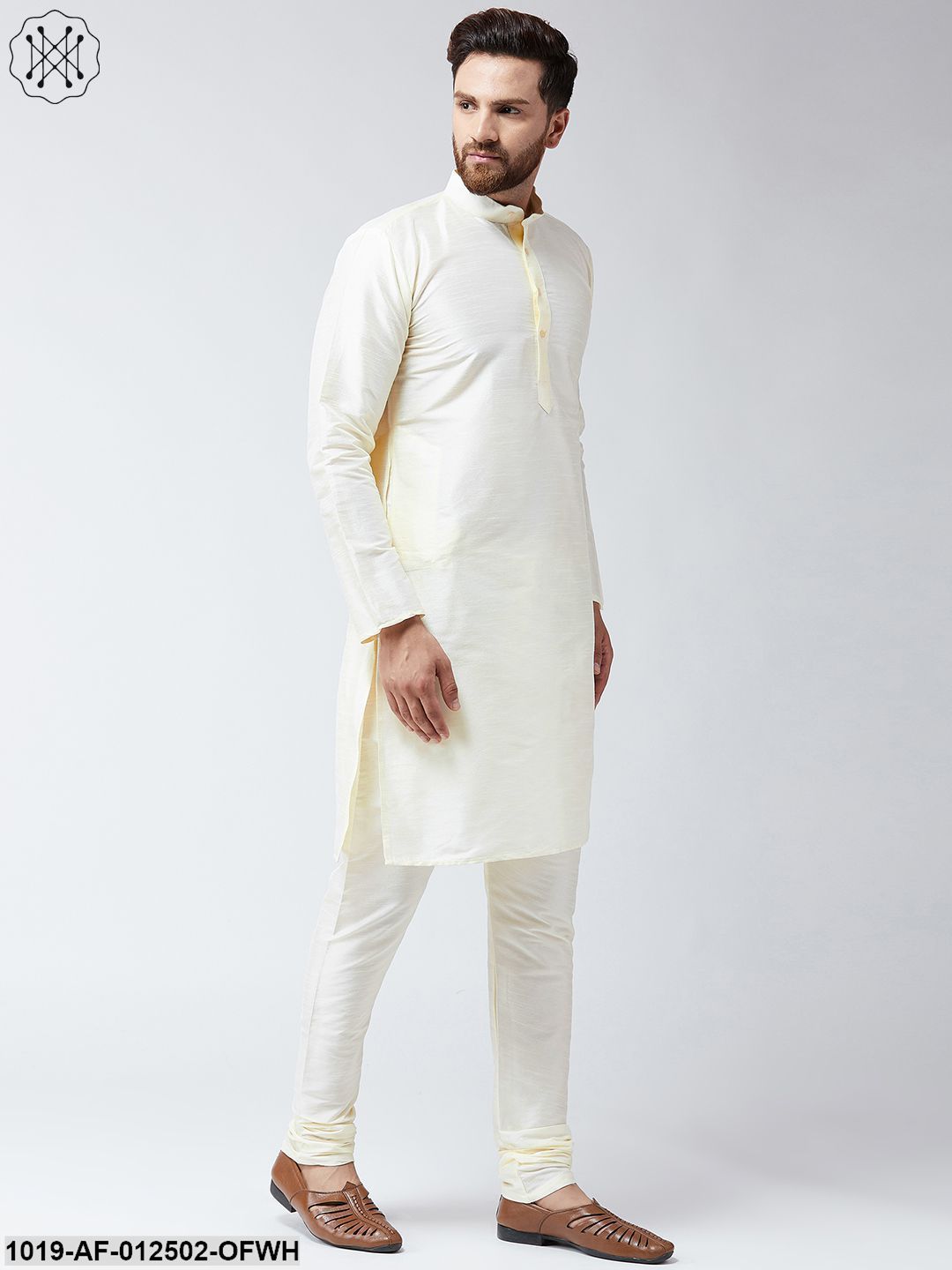 Men's Silk Cream Kurta With Churidar Pyjama Set - Sojanya