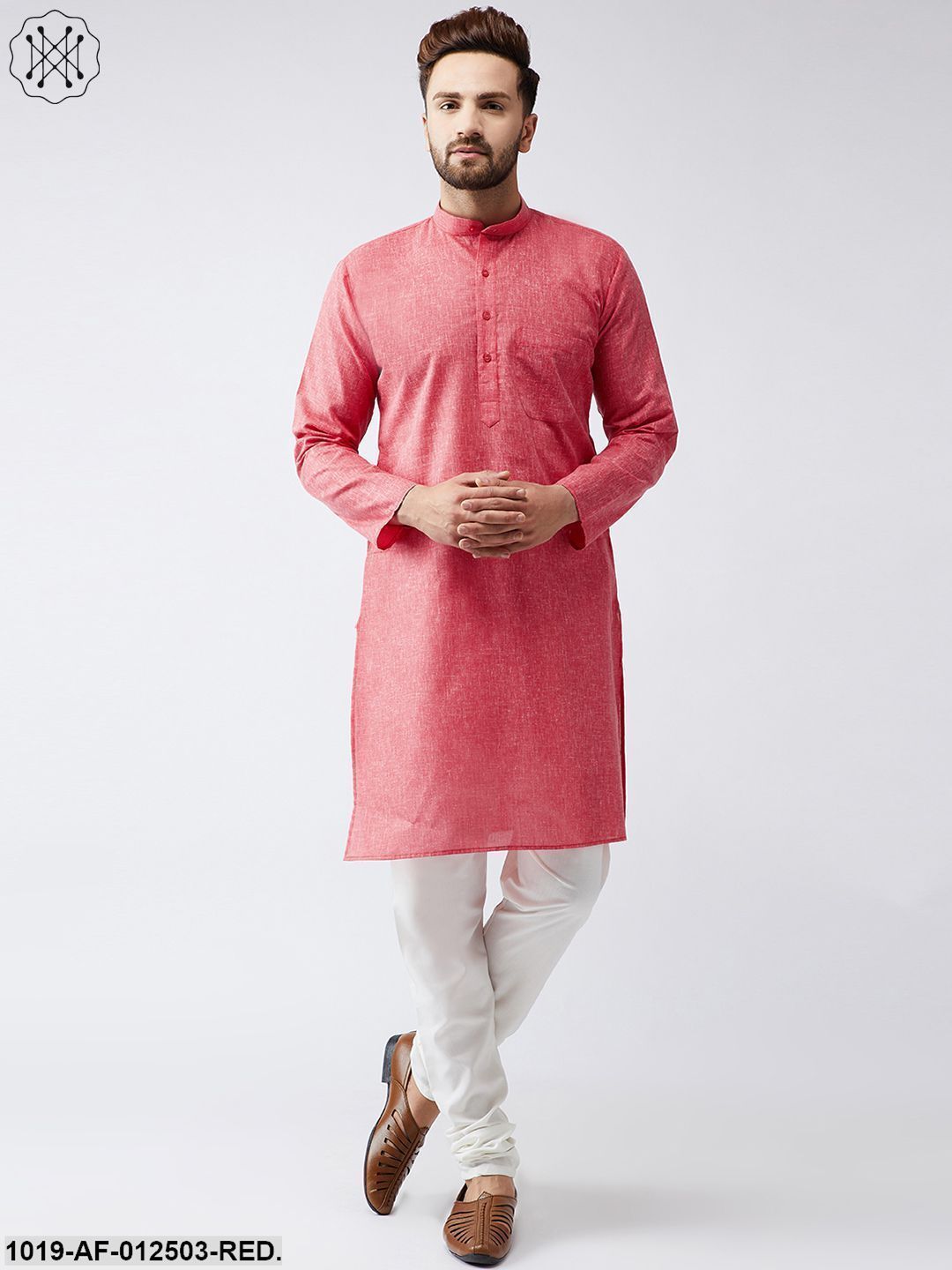 Men's Cotton Linen Red Kurta And Off White Churidar Pyjama Set - Sojanya
