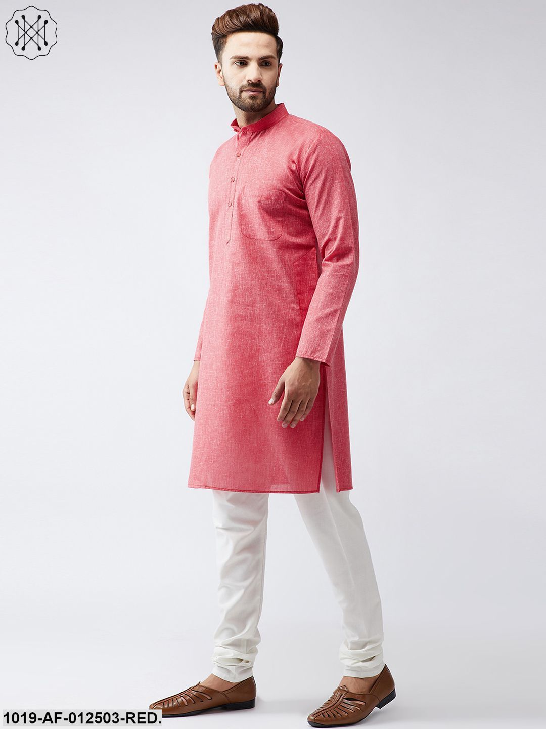 Men's Cotton Linen Red Kurta And Off White Churidar Pyjama Set - Sojanya