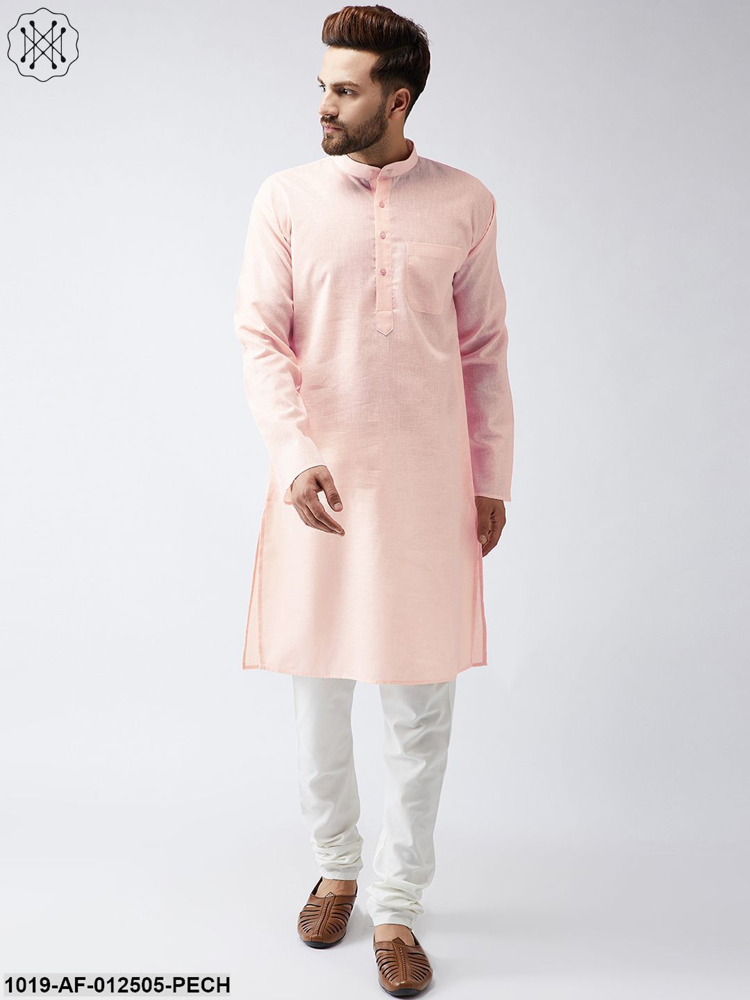 Men's Cotton Linen Peach Kurta And Off White Churidar Pyjama Set - Sojanya