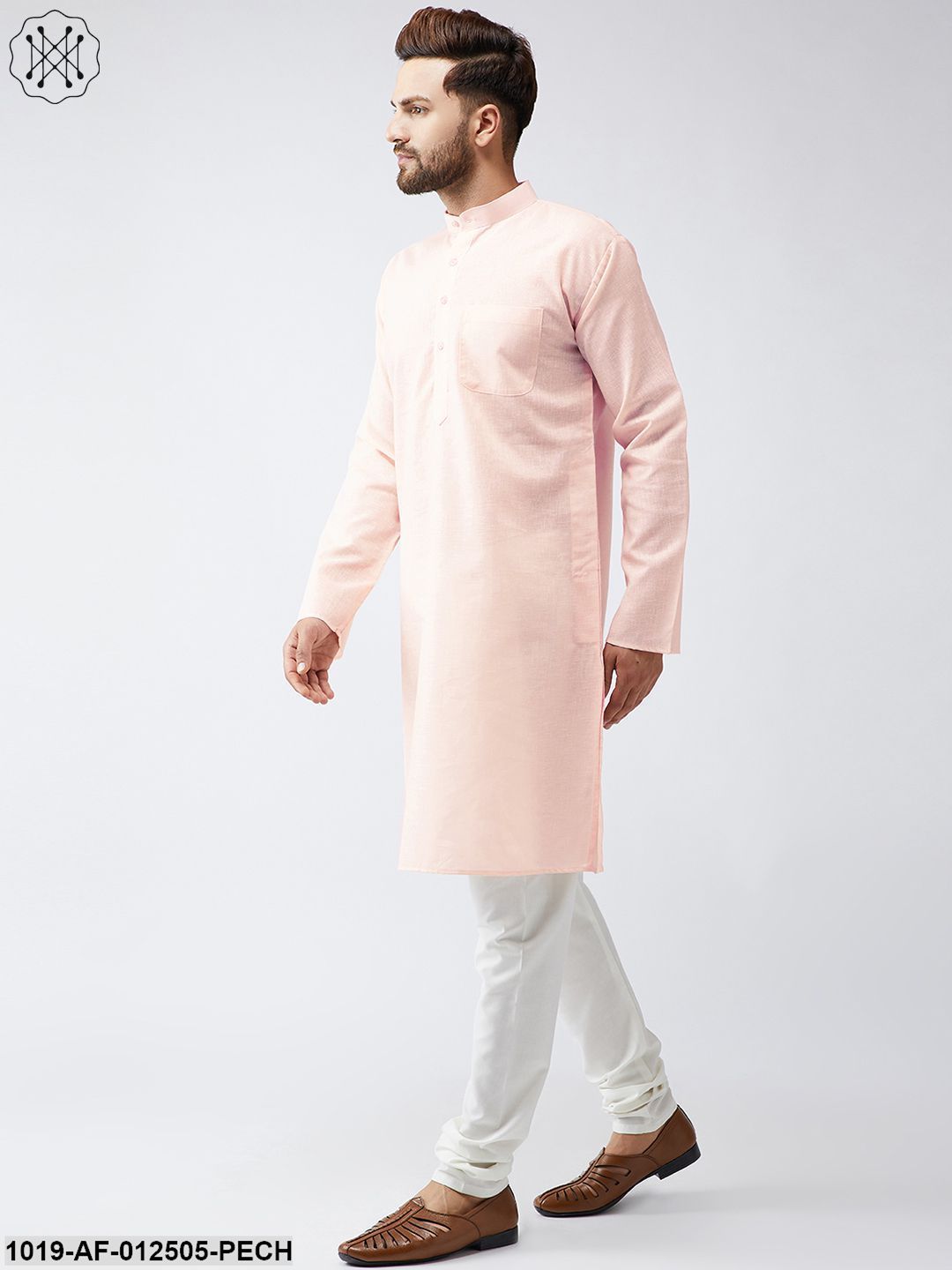 Men's Cotton Linen Peach Kurta And Off White Churidar Pyjama Set - Sojanya