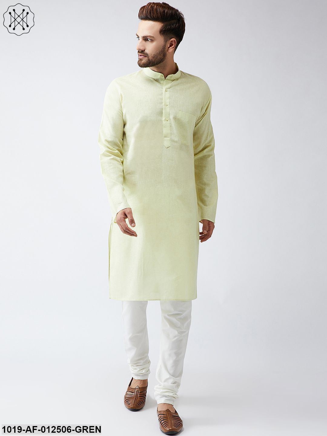 Men's Cotton Linen Lime Green Kurta And Off White Churidar Pyjama Set - Sojanya