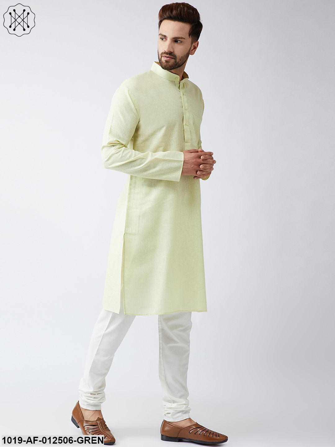 Men's Cotton Linen Lime Green Kurta And Off White Churidar Pyjama Set - Sojanya