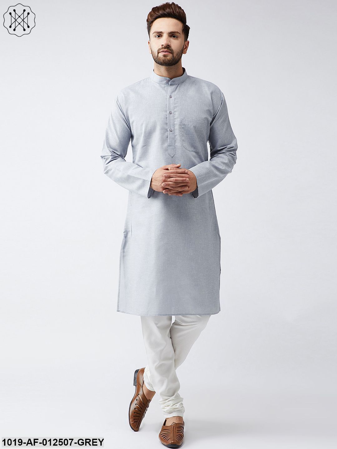 Men's Cotton Linen Grey Kurta And Off White Churidar Pyjama Set - Sojanya