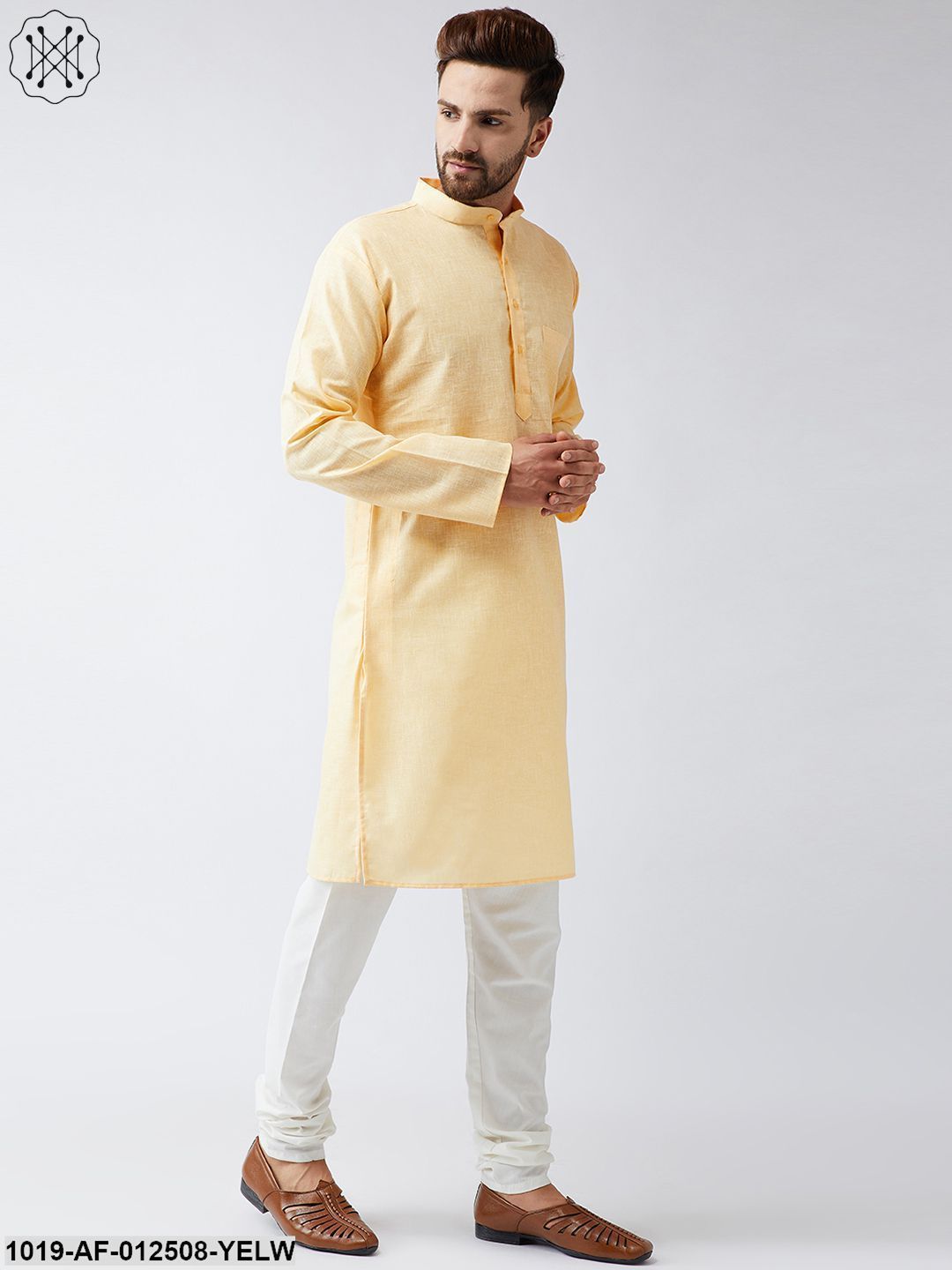 Men's Cotton Linen Yellow Kurta And Off White Churidar Pyjama Set - Sojanya